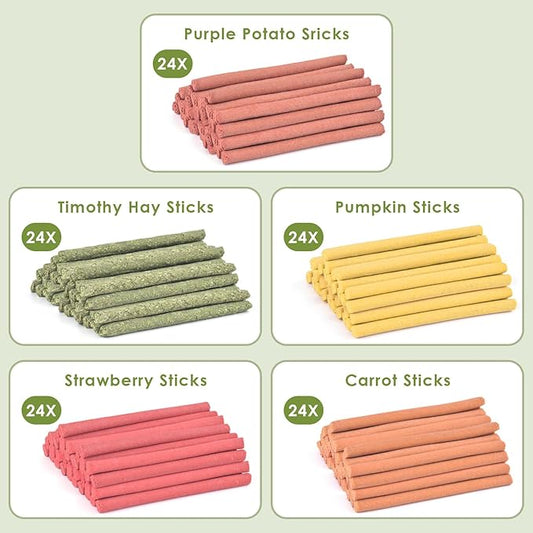 ERKOON 120Pcs Rabbit Timothy Hay Sticks, Five Flavors:PurplePotato/TimothyHay/Pumpkin/Strawberry/Carrot,Suitable Guinea Pig, Hamste, Gerbil, Chinchilla Treats, Chew Toys for Teeth for Bunnies