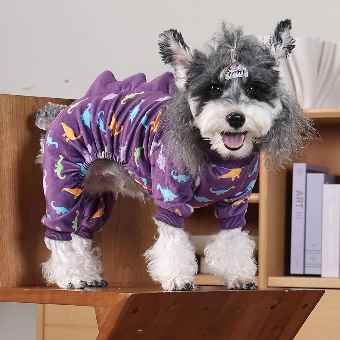 CuteBone Dinosaur Costume Dog Pajamas, Stretchy Spandex Crystal Velvet Sleepwear Coat for Small Dogs, Soft & Warm Pet Outfit Clothes for Cold Weather, Cozy Pullover Design COSP04M