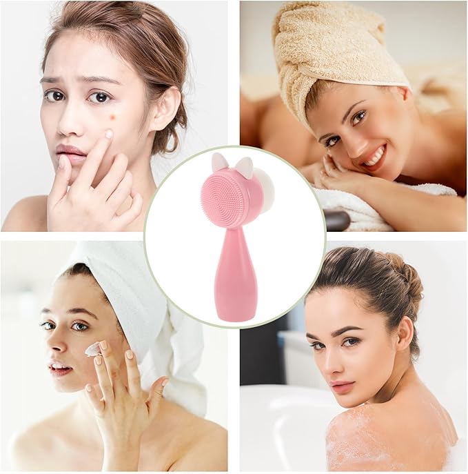 ABOOFAN Manual Silicone Facial Cleansing Brush, Dual-Sided Soft Bristles Face Exfoliator Brush with Abs Handle, Pink Rabbit Ear Design for Gentle Deep Face Cleaning and Skin Care