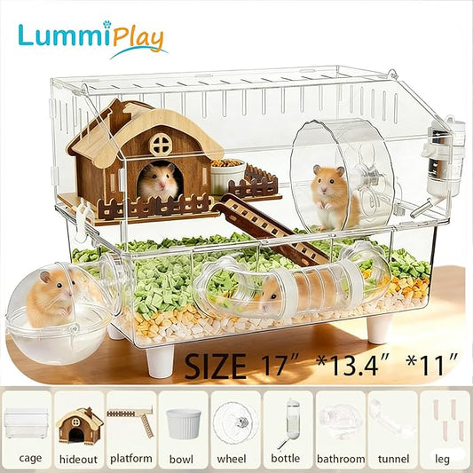 Acrylic Hamster Cage,8 in 1 Clear Transparent Habitat with All Accessories, Multi-Level Small Animal Enclosure with 2-Layer Platform、Hideout、Exercise Wheel、Bath、Bowl and Wheel、Bottle(17 * 13.4 * 11“)