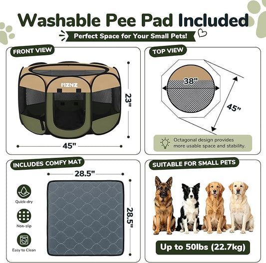Dog Playpen with Pee Pad, Portable Puppy Pet Crate Indoors for Small/Medium/Large Dogs Cats Rabbits, Foldable Dog Cage Enclosure Outdoor, Pop Up Dogs Tent Kennel with Carrying Case, Olive Green
