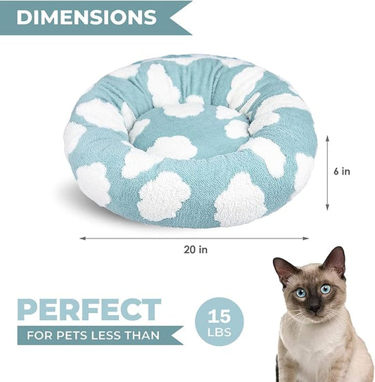 Whiskers & Friends Cat Beds for Indoor Cats, Fluffy Calming Donut Cat Bed, Small Dog Bed Washable - Orthopedic Soft Plush Pet Beds Sized for Kitten to Large Cats & Puppy to Small Dogs - Blue White