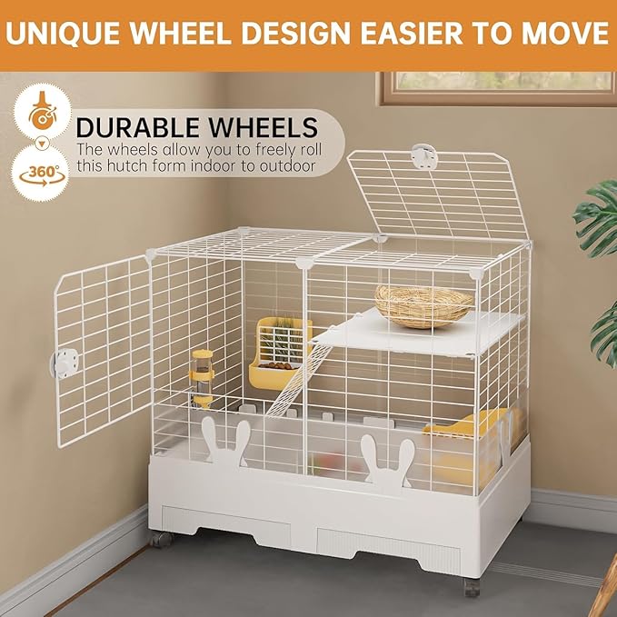 Oneluck Rabbit Cage Indoor,Loft Bunny Hutch with Urine-Proof wall,Leak-Proof Trays, Wheels 28.7" L x 18.1" W x 25.6" H for Rabbits Chinchillas, Guinea Pig and Small Animal (Small, Opaque)