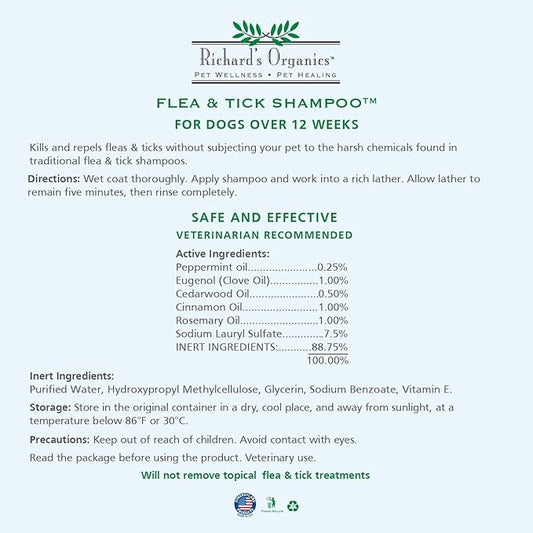 Richard’s Organics Flea and Tick Shampoo for Dogs – 100% All-Natural Actives Kills Fleas, Ticks and Repels Mosquitos – Gentle, Won’t Dry Skin, Great Smelling Essential Oils (12oz bottle),FG00440