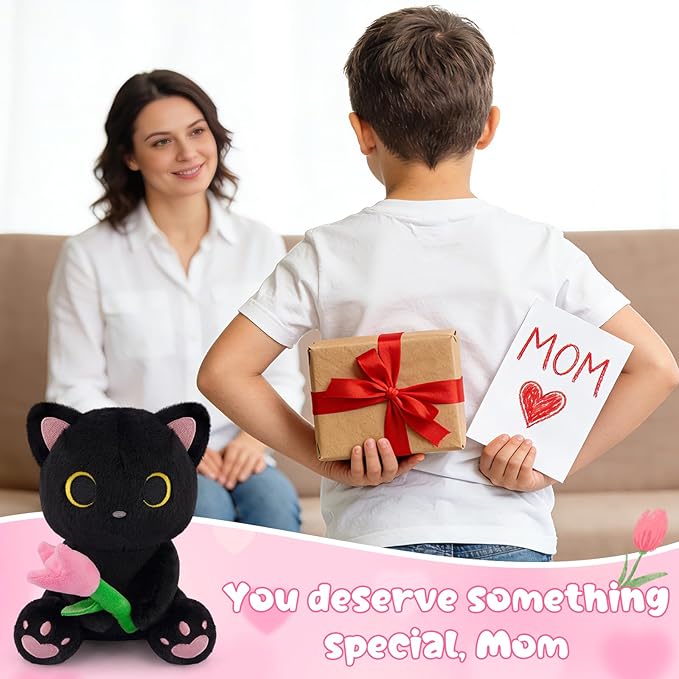 Black Cat Plush Holding Pink Tulip - 8" Kawaii Stuffed Cat with Flower, Soft Cute Plush Toy for Mom, Cute Stuffed Animals for Girls & Kitten Lovers