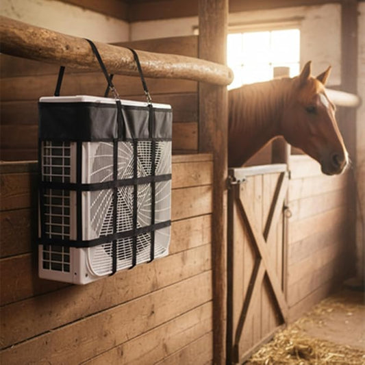 Tessco for you 4 Pcs Box Fan Holder Horse Stall Classic Fan Bag Hanging Web Holder Nylon Box Hay Bag Horse Accessories (Black)