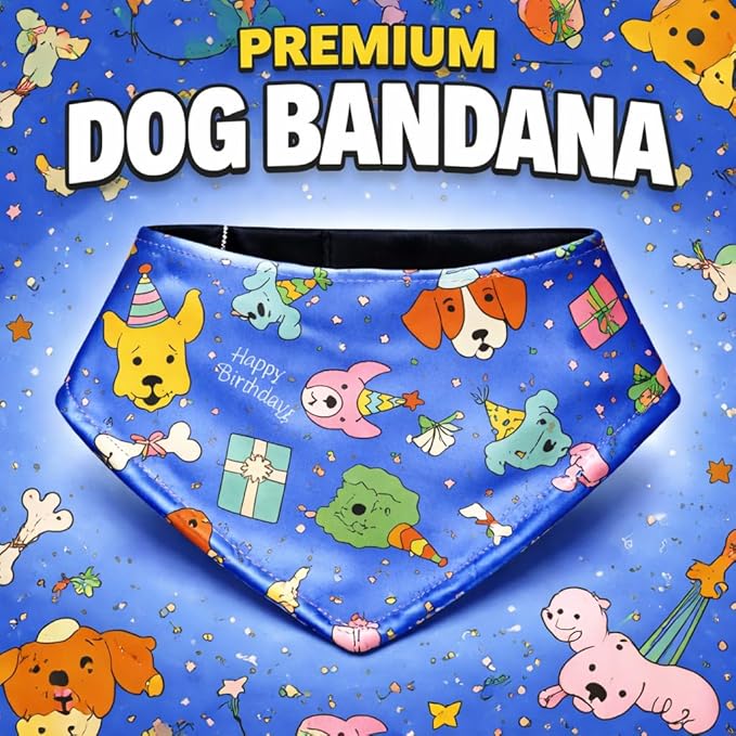 Luxury Satin Dog Bandana – Slip-On Collar Style, Premium Pet Scarf for Medium, Large & XL Dogs – Special Occasion Accessory (Collar Not Included) (Medium - Extra Large, Bday (Blue))