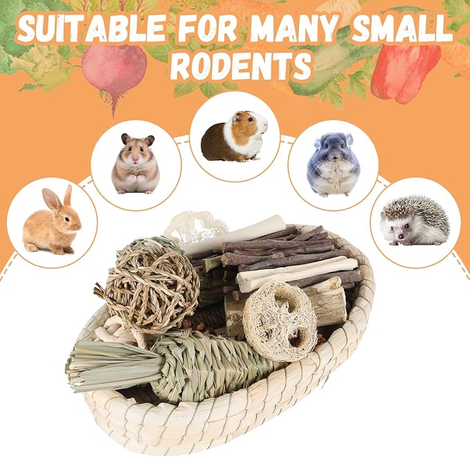 Foxtell 19Pcs Bunny Chew Toys, Rabbit Chew Sticks, Guinea Pig Toy, Natural Bunny Toys Chew and Treat for Guinea Pigs, Chinchillas, Hamsters and Other Small Pets