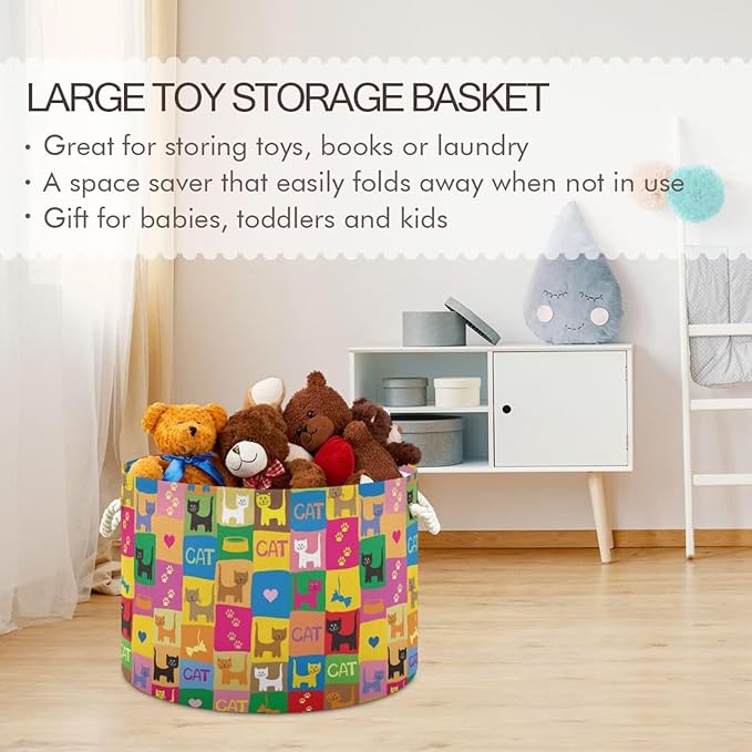 Colorful Cat Print Round Storage Basket Pet Kitten Paild Large Laundry Hamper 20 x 20 x 14 Inches Organizer Bin with Cotton Rope Handles Clothes Storage Bag for Nursery Bedroom Living Room Decor