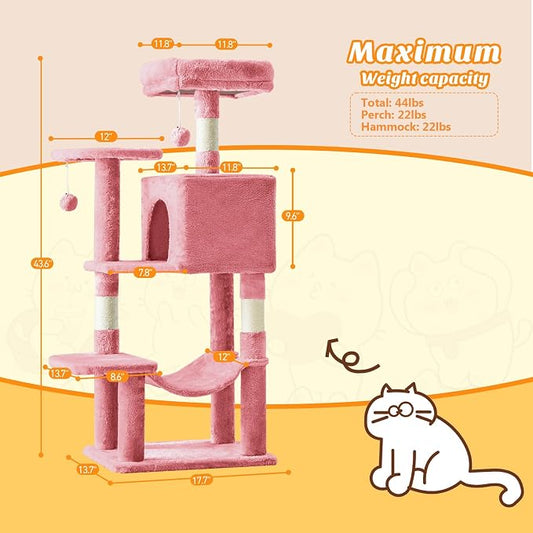 DUMOS Small 44 Inch Cats Tree Tower, Cat Climbing Tower with Natural Sisal Scratching Posts, Hammock, Pet Condo for Indoor Cats and Kittens Play, Pink