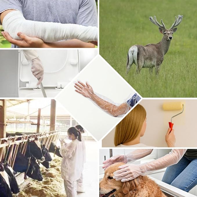 50 Pcs Disposable Long Gloves Full Arm Shoulder Length 35.5 Inch Plastic Dressing Gutting Gloves for Field Dressing House Cleaning Gardening (Come with 20 Free Rubber Bands)