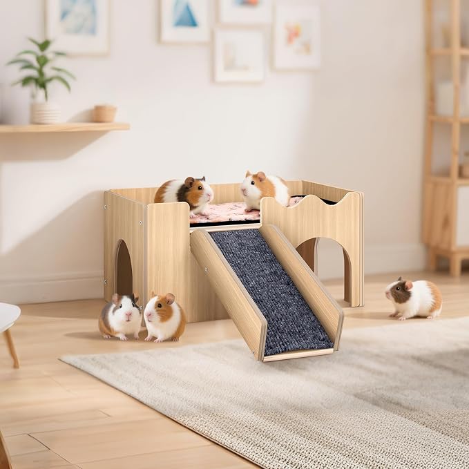 Wooden Guinea Pig Hideout with Non-Slip Mat Ramp & Platform for Small Pets | Natural solid wood with screw-fixed structure, smooth burr-free edges ensure a pet-safe, sturdy shelter for long-term use
