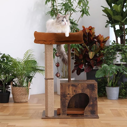 FUKUMARU Cat Scratching Post, Modern Style Cat Tree with Unique Square Post, Wooden Cat Tower with silvervine Balls, Retro Cat Brown Condo Scratcher for Indoor Cats(Solid Wood)
