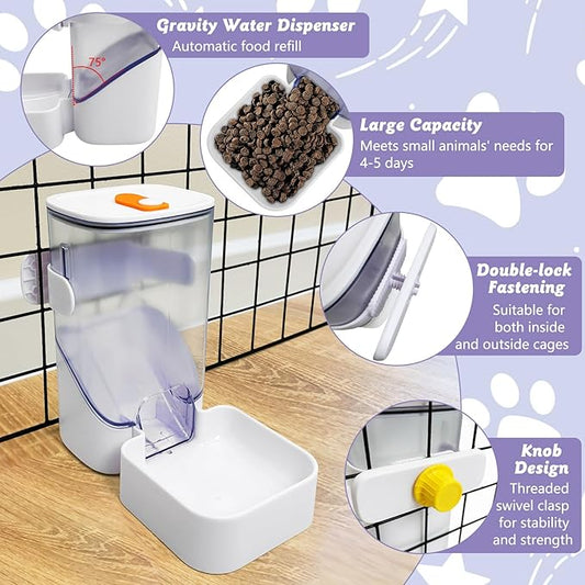 34oz Automatic Rabbit Food Dispenser for Cage Hanging Guinea Pig Feeder No Drip Bunny Food Bowl for Ferret Rat Hamster Chinchilla and Other Small Animals (White)