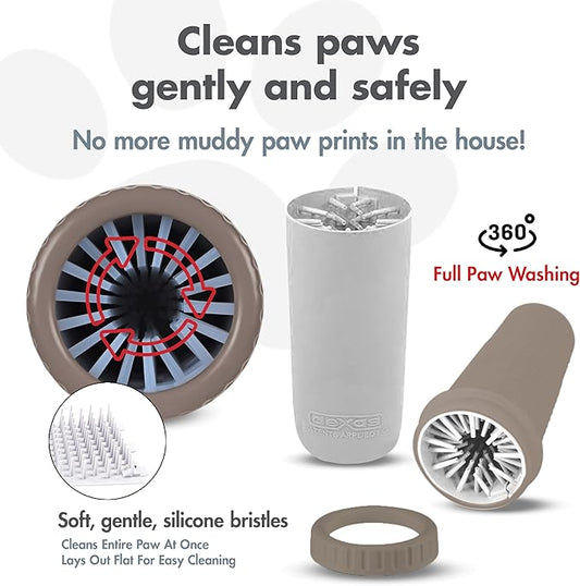 Dexas MudBuster Large Dog Paw Cleaner in Taupe - Fits 2.5"-3.5" Wide Paws, Portable Paw Washer for Muddy Paws, Dog Paw Cleaning Cup with Gentle Silicone Bristles, Quick Clean Pet Paw Washer