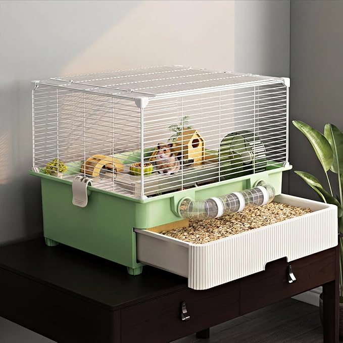 Oneluck 22.4” Chew-Proof Metal Hamster Cage, Drawer-Style with Easy Clean,Small Animal Habitats for Syrian Hamster,Gerbil, Mice(Green)
