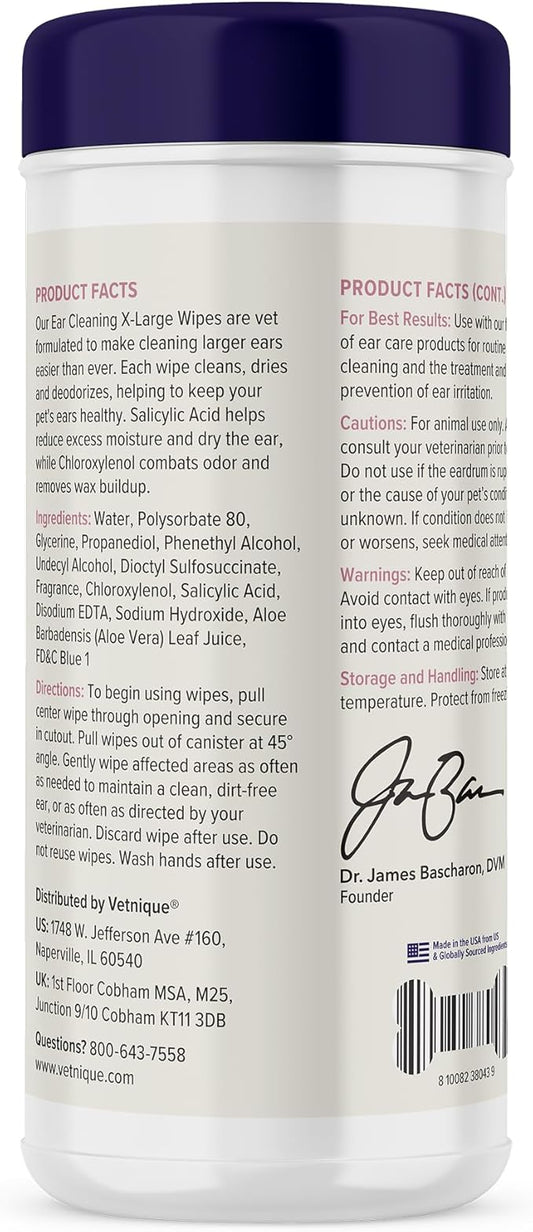 Vetnique Oticbliss Cat & Dog Ear Wipes - Dog Ear Infection Wipes or Dog Ear Cleaner Wipes for Dirty, Waxy, Smelly Ears, Odor Control with Aloe Vera & Salicylic Acid (X-Lg Ear Cleaning Wipes (60ct))