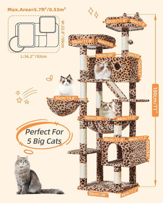 Taoqimiao Cat Tree 71-Inch, Cat Tower for Indoor Cats Large Adult, Multi-Level Large Cat Condo, 8 Sisal Scratching Posts, Metal Frame Cozy Hammock, Scratch Board, 2 Top Perches, Leopard Print MS026LBW