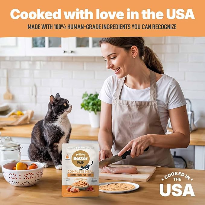 Because It’s Better Pate Complete Meal - Wet Cat Food - Real Turkey Recipe - Organic, Balanced, Smooth Pate Texture, Human-Grade Ingredients, Grain Free, 2.6 oz Pouches (12 Count)