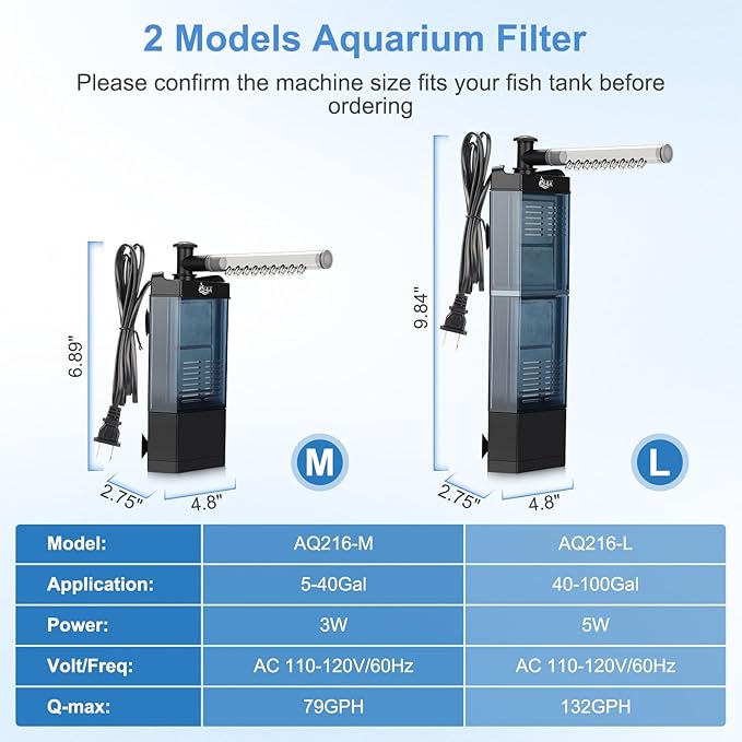 AQQA Internal Aquarium Filter - Submersible 5-40 Gallons Fish Tank Filters, Adjustable Wave Maker, Bottom Inlet Whisper Pump and Underwater Automatic Power Water Filter System for Freshwater (M)