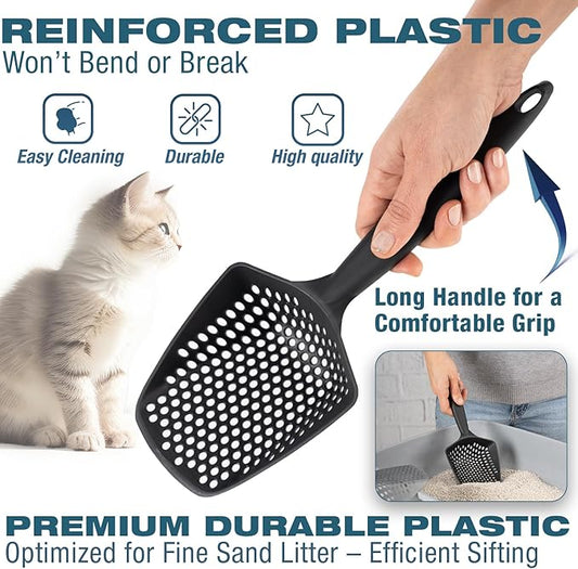 Set of 2 Cat Litter Scoop with Small Holes for Fine Litter, Hanging Handle Deep Reptile Terrarium Sand Sifter, Poop Scooper Rabbit Pooper Lifter Kitten Sifting Shovel (Black, Set of 2)