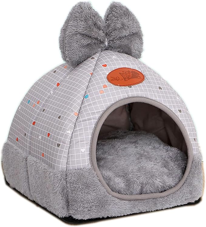 Rabbit Hideouts Bunny Bed Hideout House Cage Accessory for Guinea Pig Chinchilla Hamster Cozy Squirrel Hedgehog and Warm Rabbit Bed with Cute Bowknot Design(Grey)