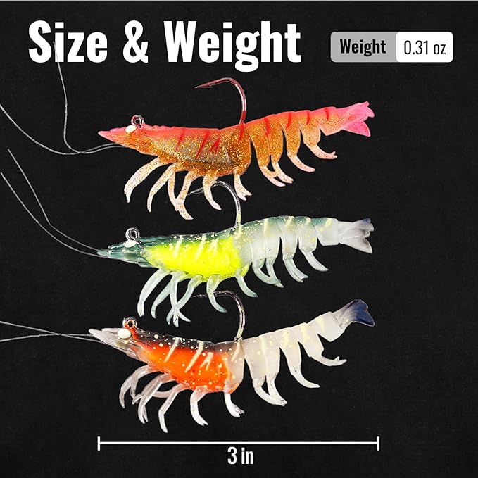 3Pcs Shrimp Fishing Lures for Saltwater and Freshwater Soft Bait Pre-Rigged Glow Eyes Lifelike Silicone Prawn Jig for Bass Trout Redfish Flounder Crappie Snook Walleye Fishing