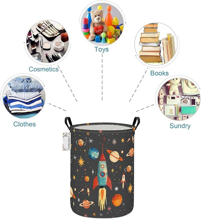 Storage Basket, Nursery Hamper Canvas Laundry Basket Foldable with Waterproof PE Coating Large Storage Baskets for Kids Boys and Girls, Office, Bedroom, Clothes,Toys(Space rocket)