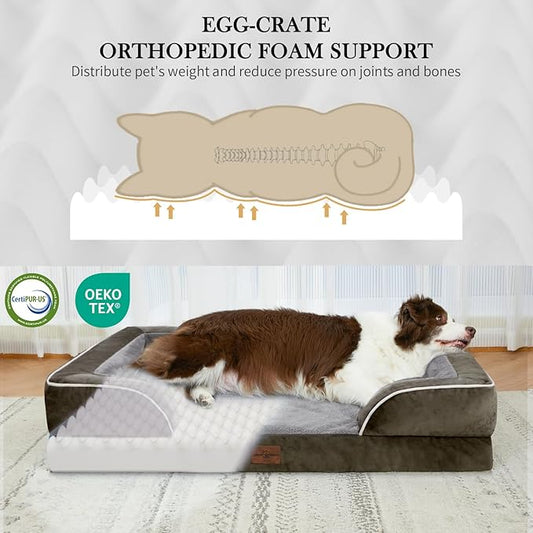 Comfort Expression Orthopedic Dog Bed for Extra Large Dogs 42x30 Inch, Waterproof Egg Crate Foam XL Pet Bed with Removable Bolsters, Dog Couch with Washable Cover & Non-Slip Bottom, Dark Green
