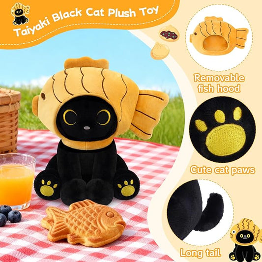 Fish Stuffed Animal Cat Plush, 8inches Black Cat Plush with Brown Taiyaki Hood Removable, Kawaii Stuffed Kitten Doll Toy Cute Plushies for Girls Kids Boys,Christmas Birthday Gifts