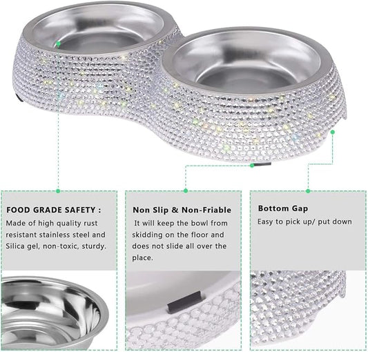 SAVORI Small Dog Bowls, Handmade Bling Rhinestones Stainless Steel Pet Bowls Double Food Water Feeder for Puppy Cats Dogs Cats (Silver-320ml)