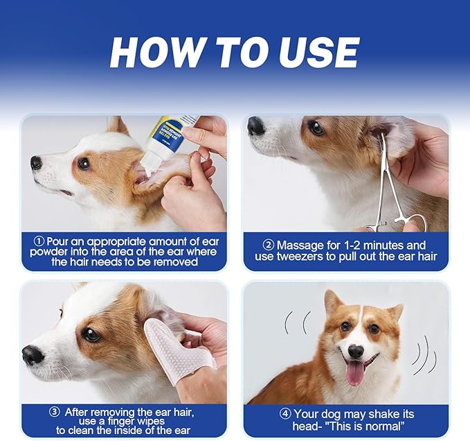Dog Ear Hair Removal Kit with Powder & 5.5" Curved Locking Forceps - Dog Ear Finger Wipes Gentle Ear Grooming Tool for Dogs - Absorb Moisture, Remove Dirt - Alcohol-Free Pet Ear Care