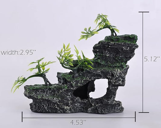 IBWell Aquarium Ornament, Mountain View Stone with Moss Tree Rock Cave Landscape Artificial Fish Tank Decoration