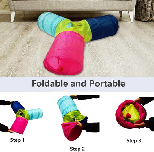 Cat Tunnel Tube Toys,Tunnels for Indoor Cats, 3 Way Colorful Collapsible Interactive Toy with Balls for Rabbits, Kittens, Ferrets, Puppy