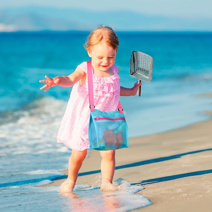 MUYIZI Sand Sifter Shovel with Mesh Beach Bag, Detachable Shell Scooper for Beach,Sand Scoop for Shell Collecting, Shark Teeth Sifter Dipper, Beach Toys for Kids & Adults(Bright Pink+Blue)