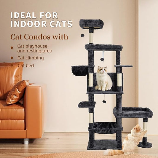 77.5 Inch Cat Tree with Bed, Hammock, Observation Deck, Plush Platform & Toy Ball for Indoor Cats (Grey)