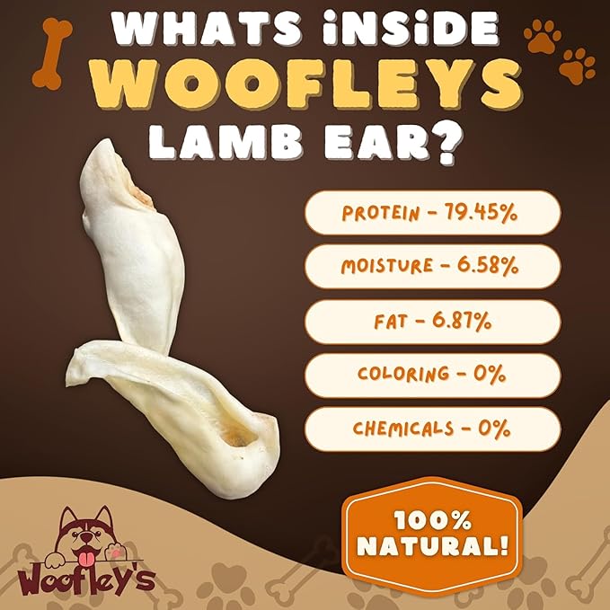 Woofley's - 100% Natural Whole Lamb Ear Dog Chews- 100 Count - Our Healthy Dog Lamb Ears are Easy to Digest and Great for Small, Medium Or Large Dogs