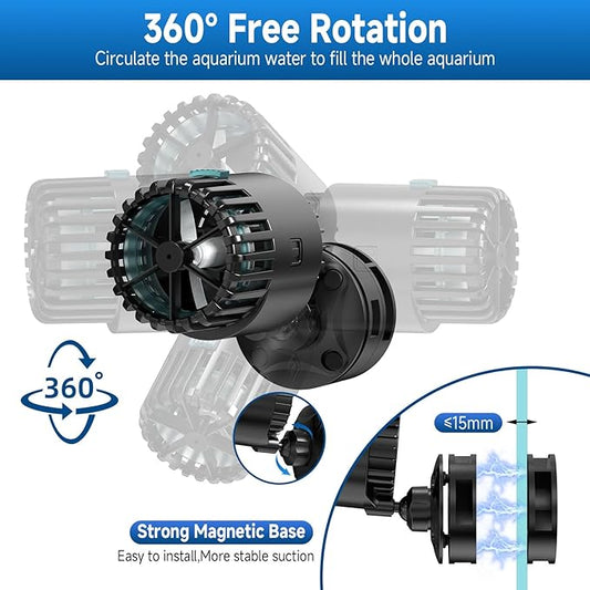 AQQA Magnetic Wave Maker for Aquarium 75-150 Gallon 2110 GPH Water Circulatio Pump Powerhead Fish Tank Wavemaker 360°Rotatable Quiet Operation for Freshwater(12W)
