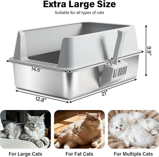 Stainless Steel Cat Litter Box with Lid, 2 Pack XL Metal Litter Box Stainless Steel with Mat & Scoop, Odor-Free/Anti-Leakage & Non-Stick, High-Sided Litter Box for Multiple Big Cats(XL/Grey)