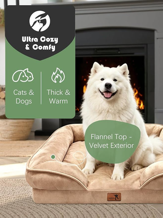 Spotted Play Orthopedic Dog Bed with Sides - Sofa Beds for Large Dogs, Supportive Foam Pet Couch Bed with Washable Removable Cover, Waterproof Lining and Non-Slip Bottom, Brown - L-Plus