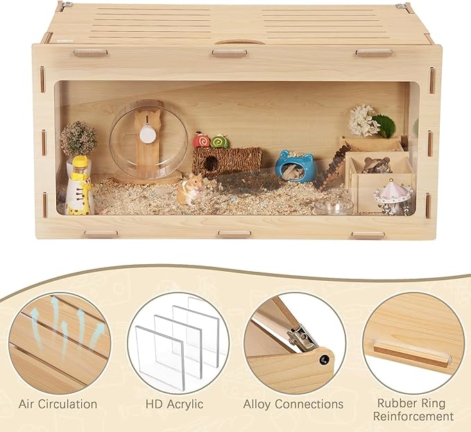 COZIWOW Hamster Cage, Chewproof 32" Large Wooden Hamster Enclosure with 270° Panoramic View, Acrylic Small Animal Habitat Cage for Syrian, Guinea Pig, Chinchilla, Gerbil
