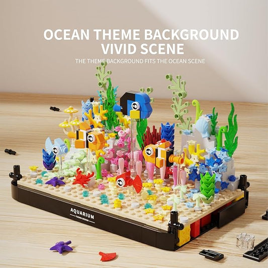 Fish Tank Building Block, Lighting Aquarium Building Sets for Adults and Kids Including Clownfish, Coral, Crab,Flowers, Animal Building Toys for Boys Age 8+, 570pcs