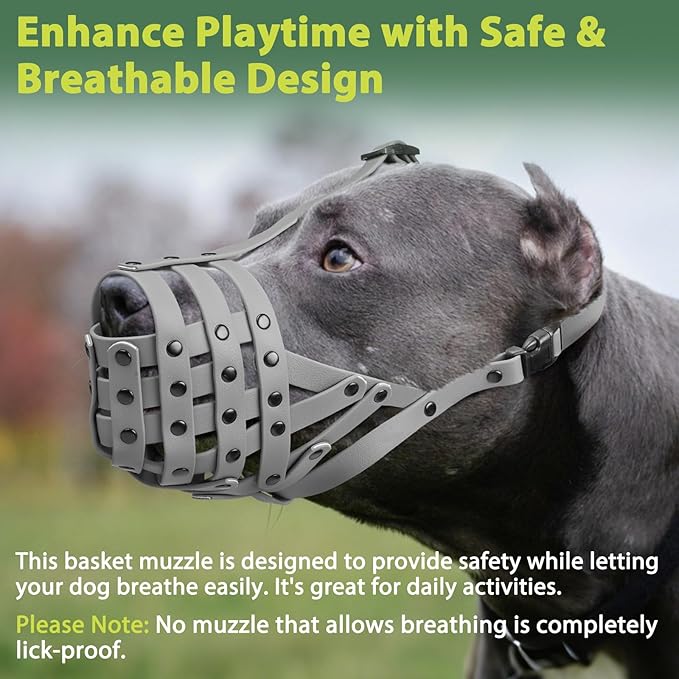 Mayerzon Pitbull Muzzle, Lightweight Basket Muzzle for Large Medium Dogs Rottweiler Amstaff to Prevent Biting Eating, Safe for Grooming Vet Visits Training, Allows to Pant Drink, Adjustable & Sturdy