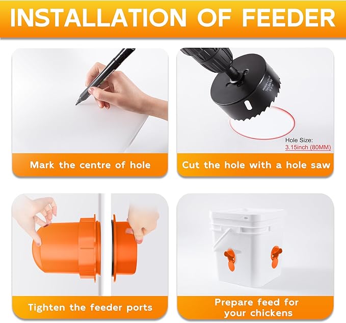Chicken Feeder Port 8 Pack - No Waste DIY Poultry Feeding Kit with Stopper Lid & Hole Saw, Reusable Rain Proof Automatic Coop Gravity Feeder for Hens Ducks Geese (Orange)