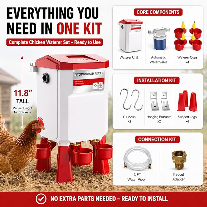 Automatic Chicken Waterer 2 Gallons, Chicken Water Feeder with Float Valve & 4 Water Cups, 13FT Hose Poultry Waterer System, Chicken Coop Water Dispenser for Chickens Ducks Quail Turkey (Red, 2 GAL)