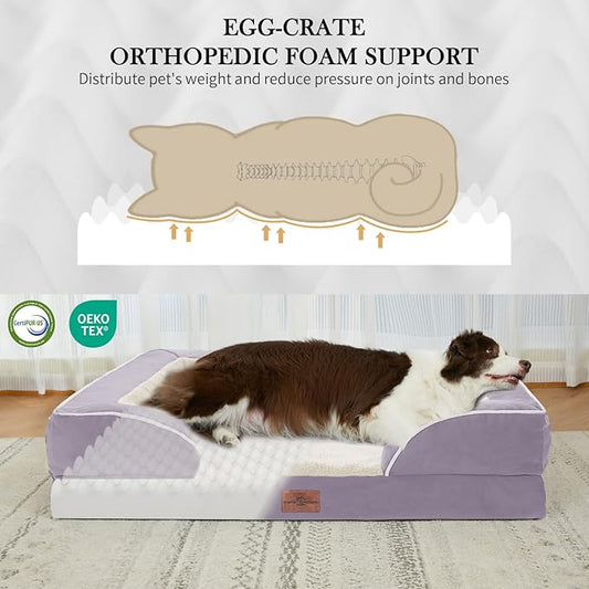 Comfort Expression Orthopedic Dog Bed for Large Dogs 38x25 Inch, Waterproof Supportive Egg Crate Foam Large Pet Bed with Removable Bolsters, Dog Couch with Washable Cover & Non-Slip Bottom, Purple