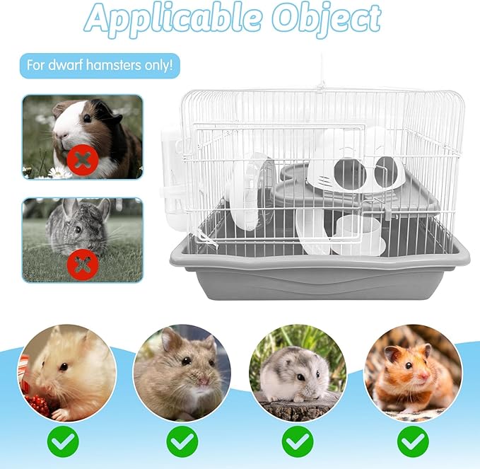 PINVNBY Dwarf Hamster Cage, Small Animal Cages, 2-Tier Travel Portable Mouse Cage Hamster Carrier with Castle House Running Exercise Wheels, Water Bottle and Food Dish(Gray)