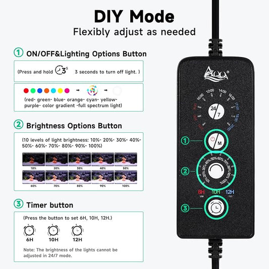 AQQA LED Aquarium Light, 24/7 Mode IP68 Waterproof Extendable Bracket Fish Tank Light, DIY Mode Full Spectrum Aquarium Plant Light, Adjustable Timer/Brightness Memory Function for 40-48 Inch Fish Tank