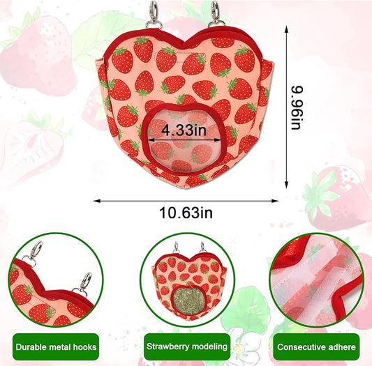 Estivaux Rabbit Hay Feeder Bag Strawberry Guinea Pig Hanging Hay Feeding Bag with Hole Pet Storage Dispenser for Chinchilla Hamster Bunny Small Pet Animals