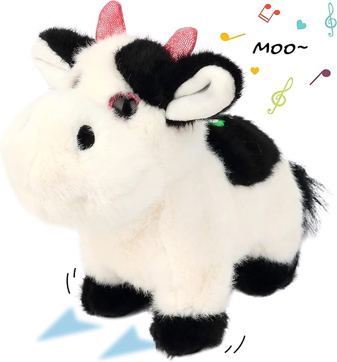 Walking Black Cow Stuffed Animal Speaking Moo Plush Cattle Electric Interactive Animated Plushies Toy for Girls Boys Birthday